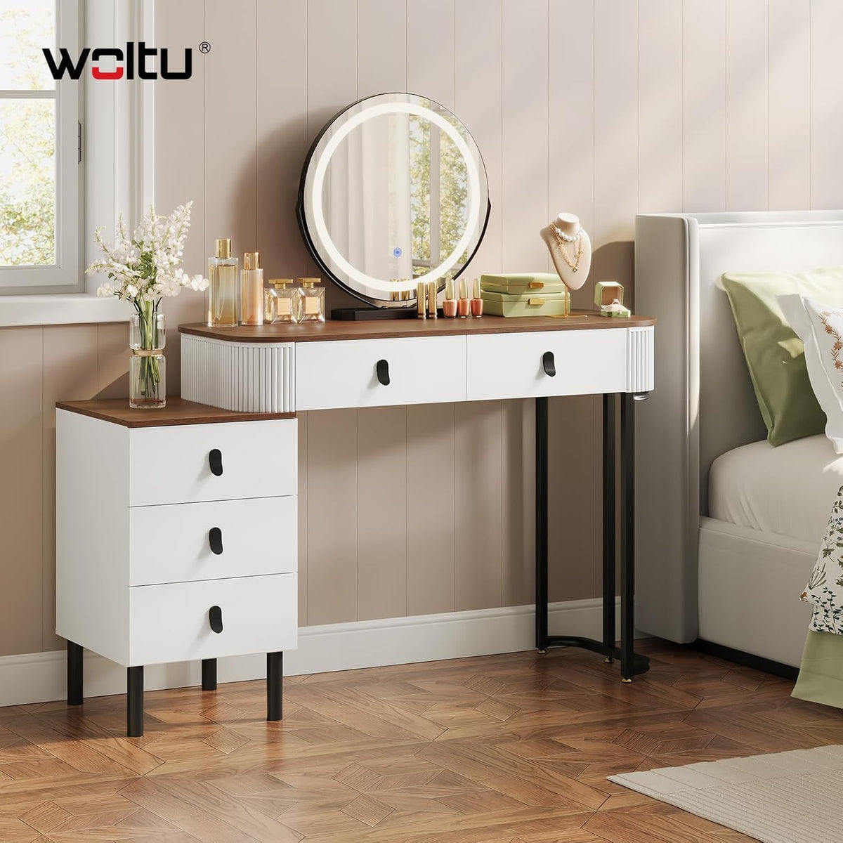 WOLTU Dressing Table, with Swivel Mirror, LED Lights 3-Colour Dimmable
