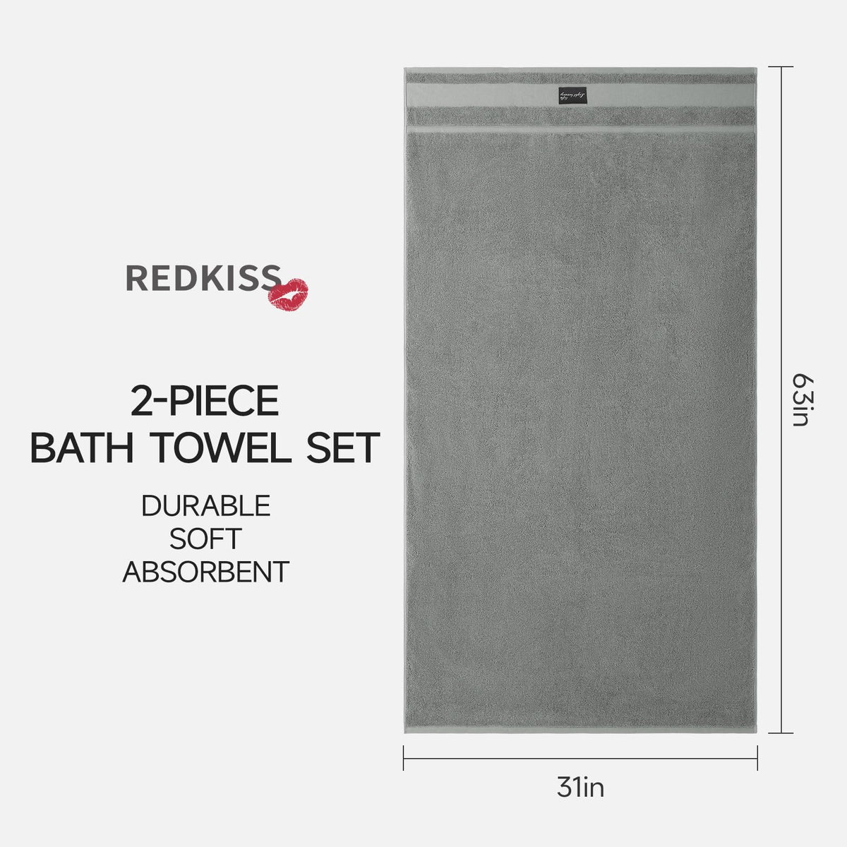 REDKISS 2 Pack Gray Large Bath Towels -160 x 80CM Cotton Thick Shower Towel
