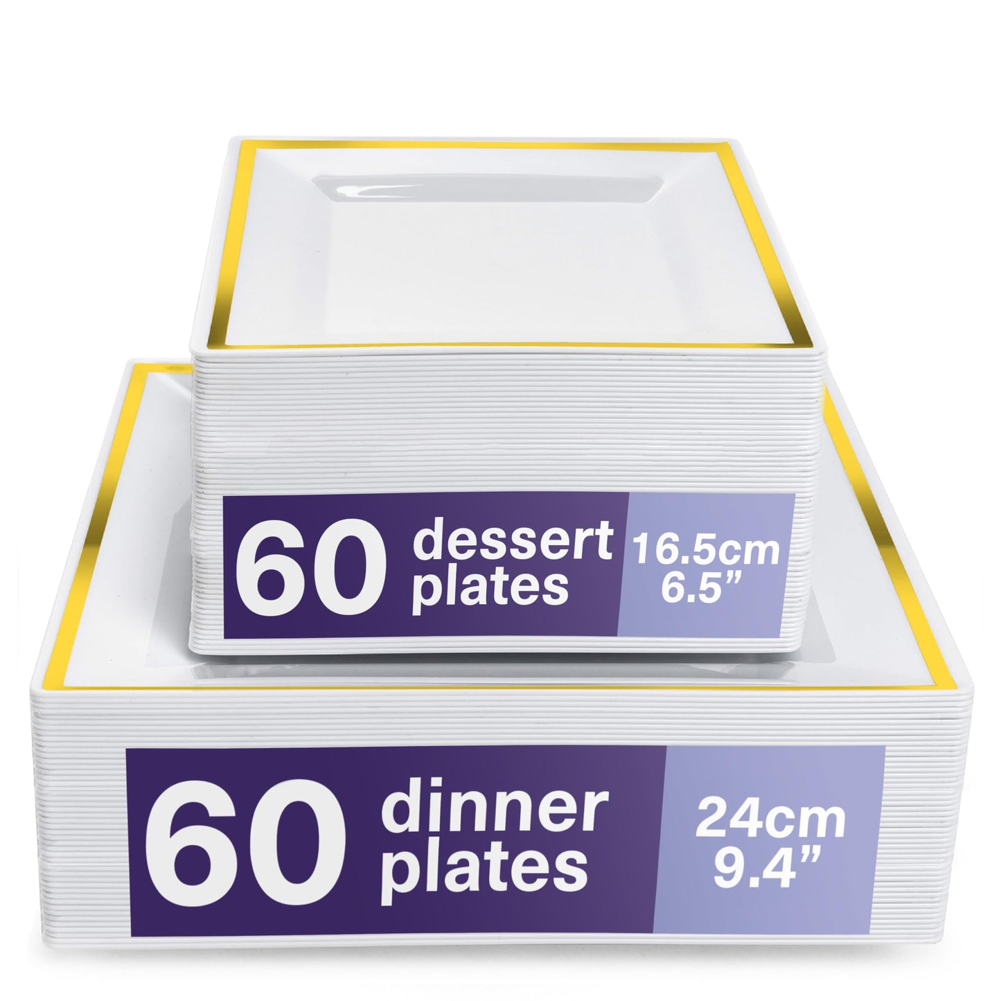 MATANA 120 Premium White Square Plastic Plates with Gold Rim - 60 24cm Dinner Plates, 60 16.5cm Dessert Plates - Elegant & Reusable Party Plates for