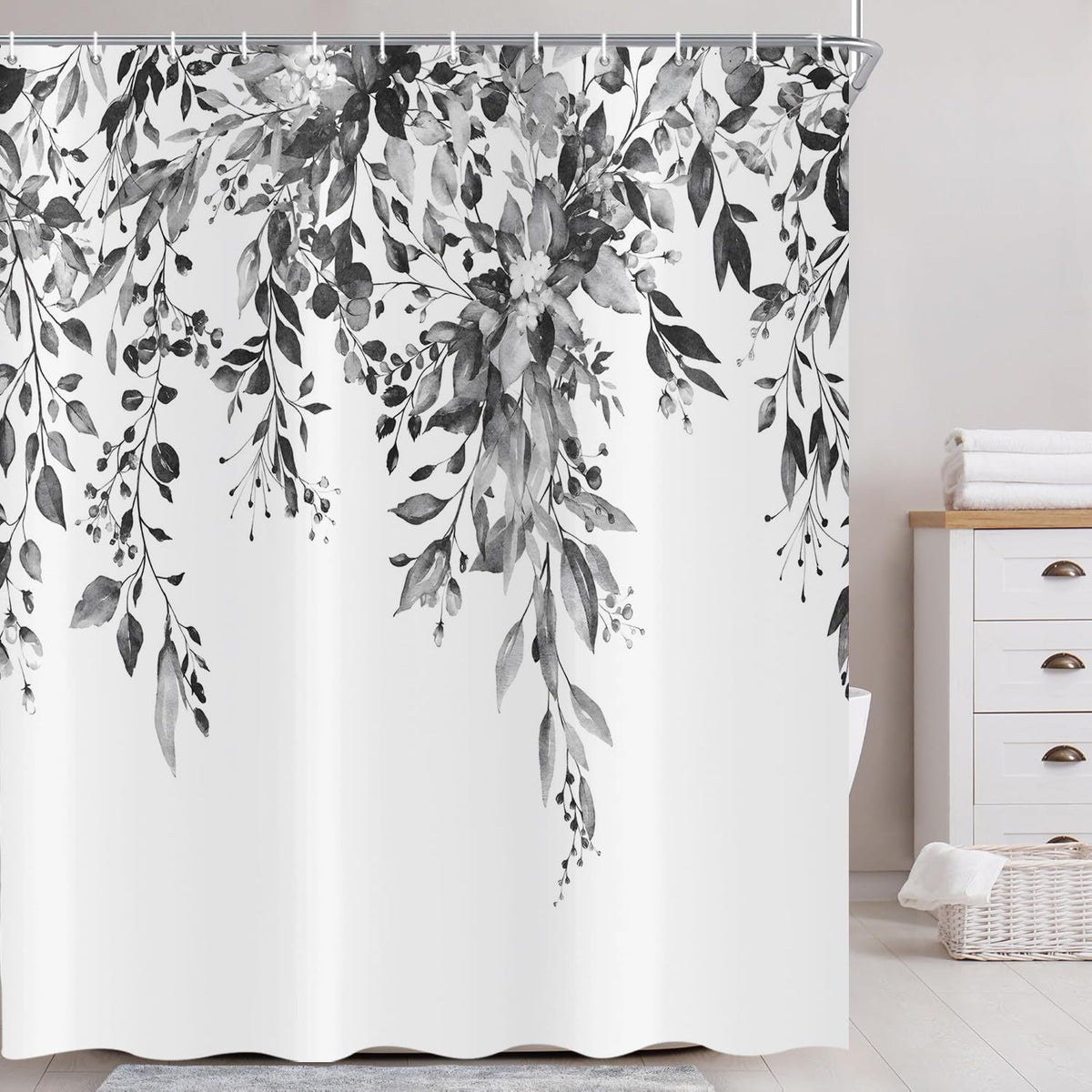 ASDCXZ Black Eucalyptus Shower Curtain 180x200 cm, Spring Watercolor Eucalyptus Leaves Floral Plants Waterproof Bath Curtain Polyester Textile