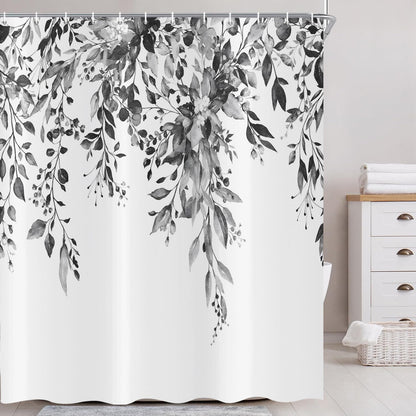 ASDCXZ Black Eucalyptus Shower Curtain 180x200 cm, Spring Watercolor Eucalyptus Leaves Floral Plants Waterproof Bath Curtain Polyester Textile