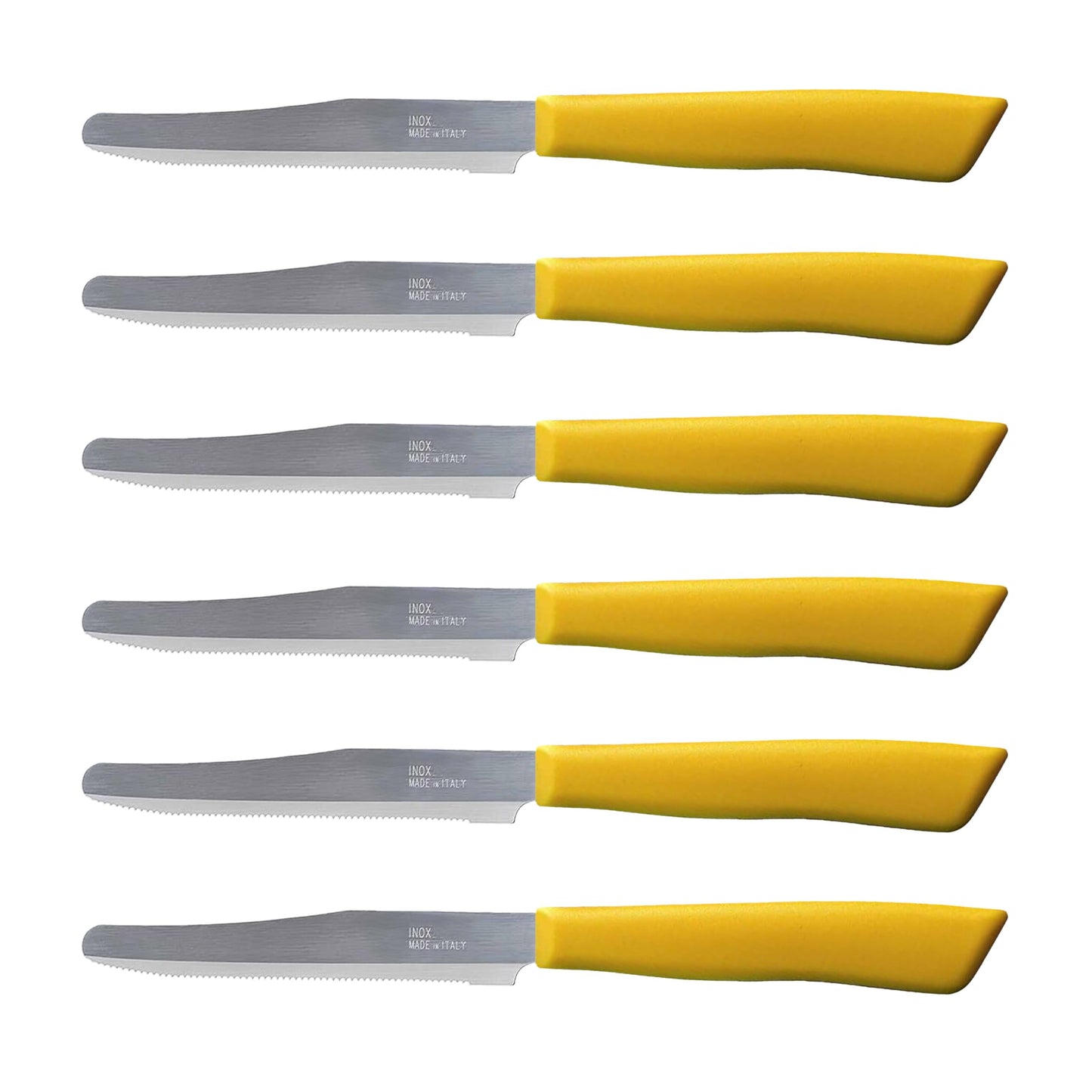 Tredoni 6 Kitchen Knives - 11cm Italian Stainless Steel Serrated Vegetable/Steak/Table Knife Cutlery, Rounded Tip (Yellow)