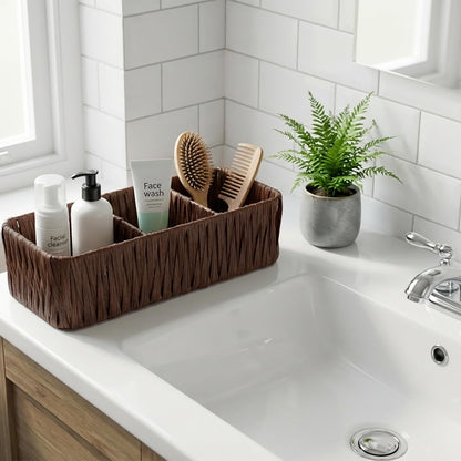 3 Compartment Bathroom Storage Basket, Resin Wicker Countertop Organiser
