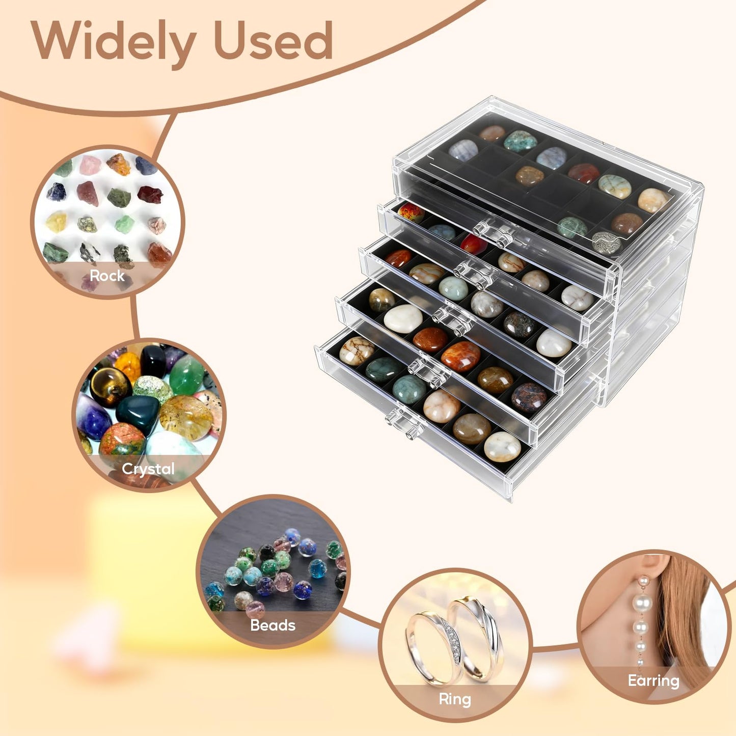 Les-Theresa Rock Display Case 90 Grids Rock Collection Box for Collectibles
