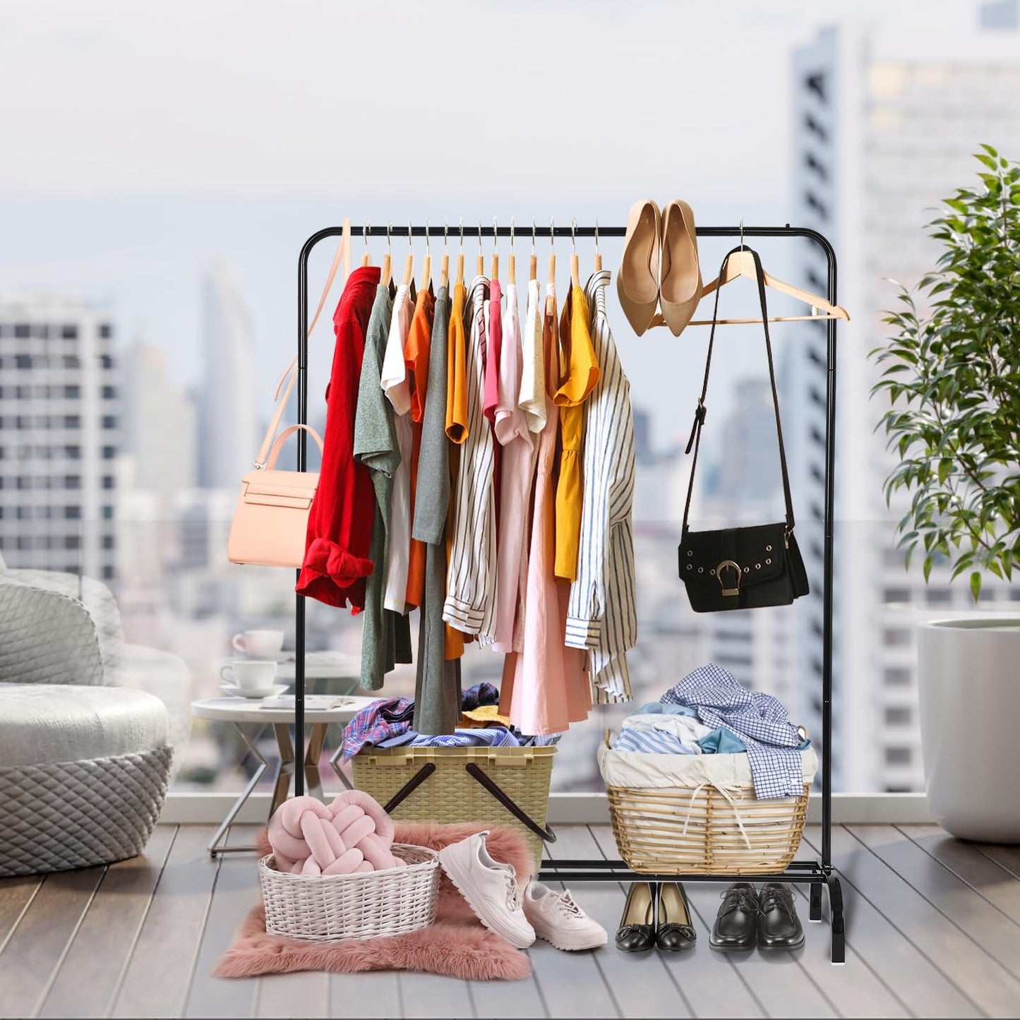Metal Clothing Rack Garment Rack, Closet Rack Heavy Duty Hanging Racks for Clothes with Top Rod and Storage Bottom Shelf