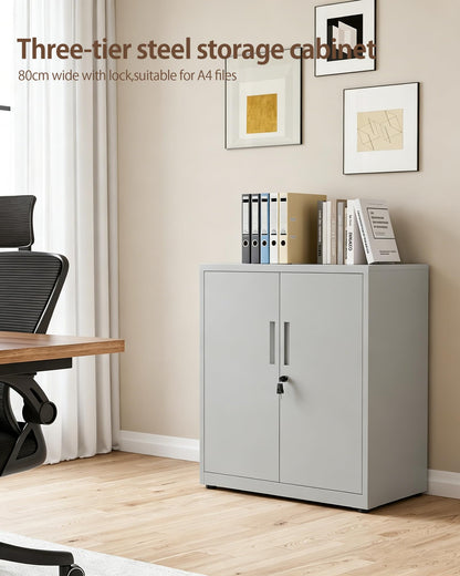 LAND·VOI Steel Storage Cabinet, 3-Tier Lockable Cabinet with Adjustable Shelves, Double-Door Cupboard Storage, For Home, Office Storage, 40×80×91.5cm