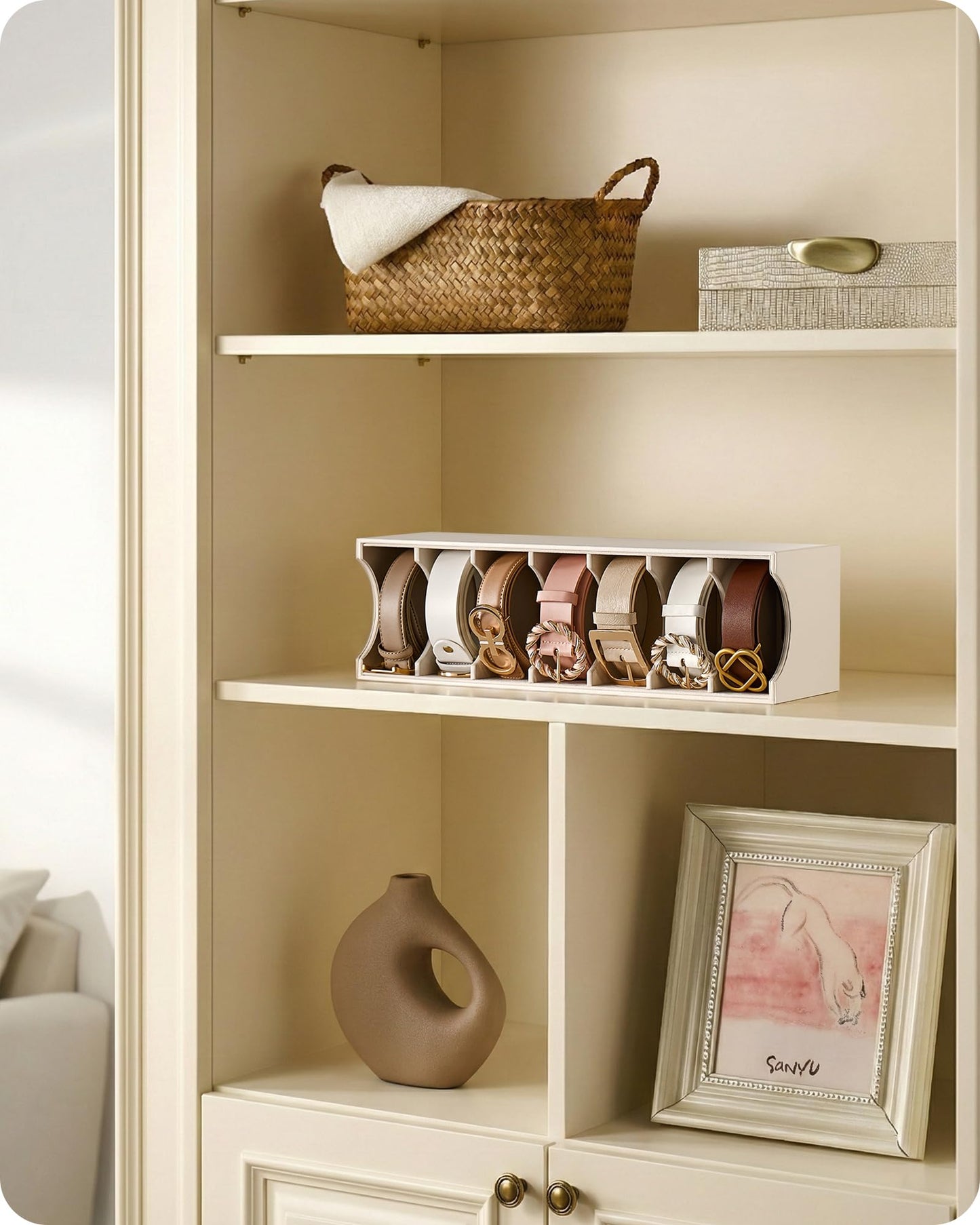 Lolalet Belt Organizer for Closet, Belt Box & Storage Drawer -Cream