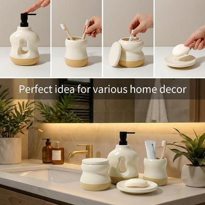 BosilunLife Bathroom Accessories Set of 4 - Beige&Orange Bathroom Countetop Soap Set Lotion Soap Dispenser Sets Toothbrush Holder and Soap Dish