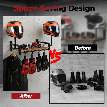 Motorcycle Helmet Holder Wall Mount, Stand for 2 Helmets with 4 Glove Hooks