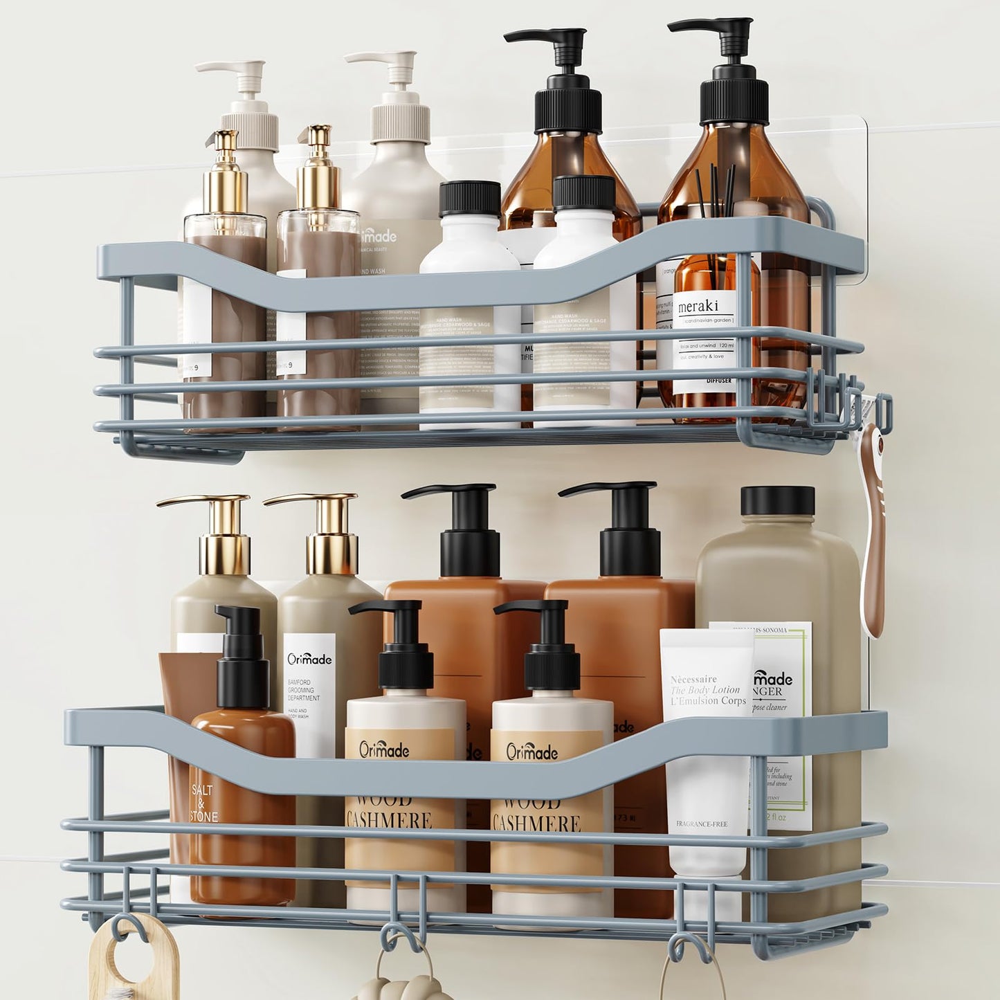 Orimade Shower Caddy Stainless Steel No Drilling Adhesive Shower Shelf for Shampoo Conditioner,Rustproof, 2 Pack (Grey)