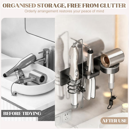 Hairdryer wall rack – bracket with cable tray, drilled and non-drilled mounting, rustproof bathroom organizer for hairdryer and styling tools