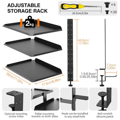 Clampable Desk Organiser Shelf, 3 Tier Bookshelf, Desk Storage Rack, Desktop or Under with Adjustable Metal Tray Headphone Stand