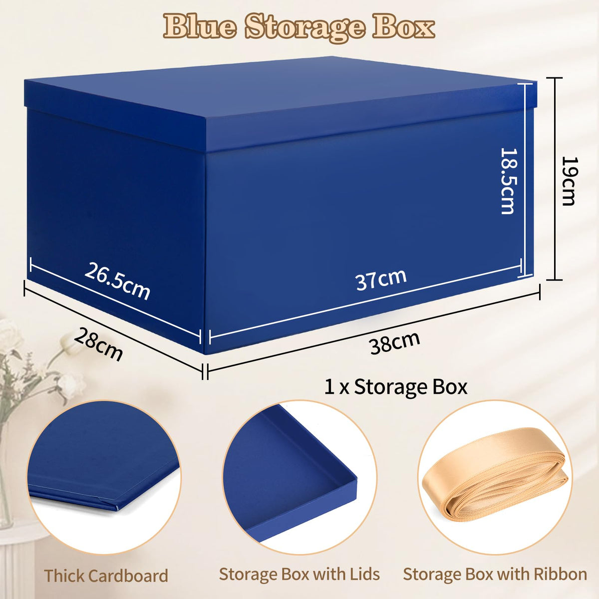 KISPATTI Storage Box, Blue Storage Boxes with Lids 38 x 28 x 19 cm Large Storage Box with Ribbon Cardboard Storage Boxes for Home Bedroom Living Room