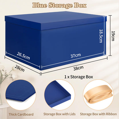 KISPATTI Storage Box, Blue Storage Boxes with Lids 38 x 28 x 19 cm Large Storage Box with Ribbon Cardboard Storage Boxes for Home Bedroom Living Room