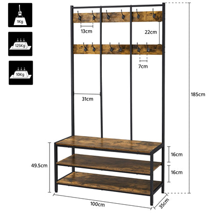 Yaheetech 3-in-1 Hall Tree Coat Rack with Shoe Bench & 24 Hooks, Brown