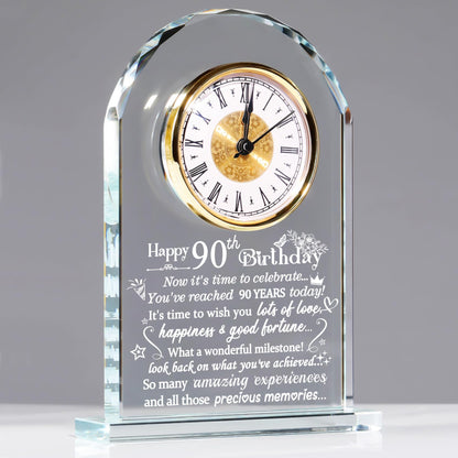 Ornalrist Happy 90th Birthday Quartz Clock Gifts for Women Men, 90th Birthday Presents for Grandparents Glass Keepsake Birthday Blessing for Turning