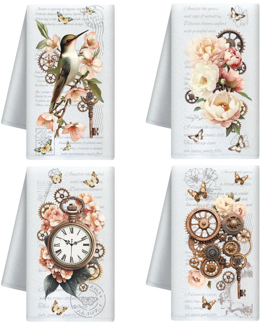 CUTHOLLOW Vintage Gear and Flower Decorative Kitchen Towels Set of 4, Soft & Absorbent Microfiber Dish Towel for Kitchen Tea Coffee Bar Home, Best