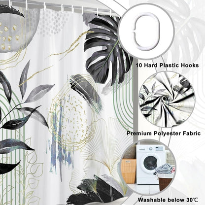 Uiiooazy Anti-Mould Shower Curtain, 150 x 180 cm, Black Tropical Palm Leaves Jungle Abstract Bath Curtains Washable Fabric Waterproof Bathroom
