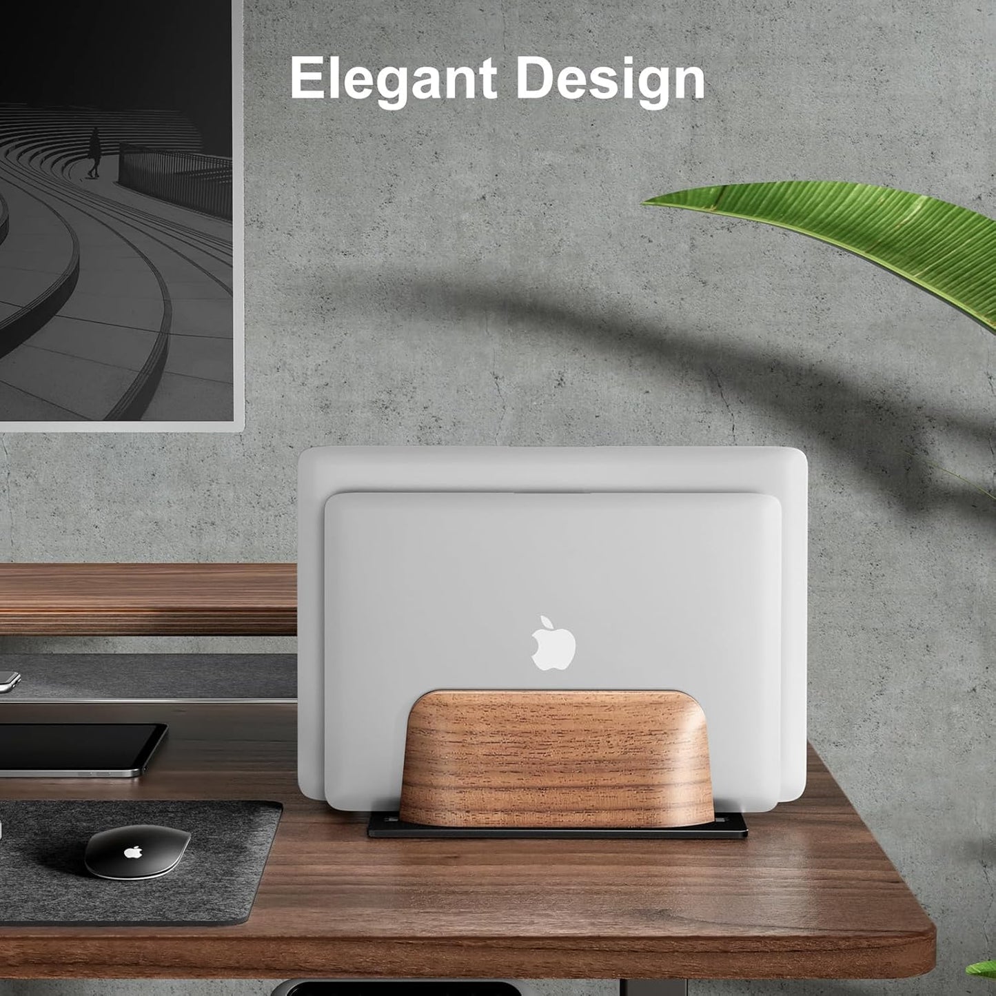 SHUOSUO Vertical Laptop Stand, Dual Slot Walnut Wood Laptop Holder for Desk, Natural Wooden & Aluminium Width Adjustable Dock for MacBook and Other