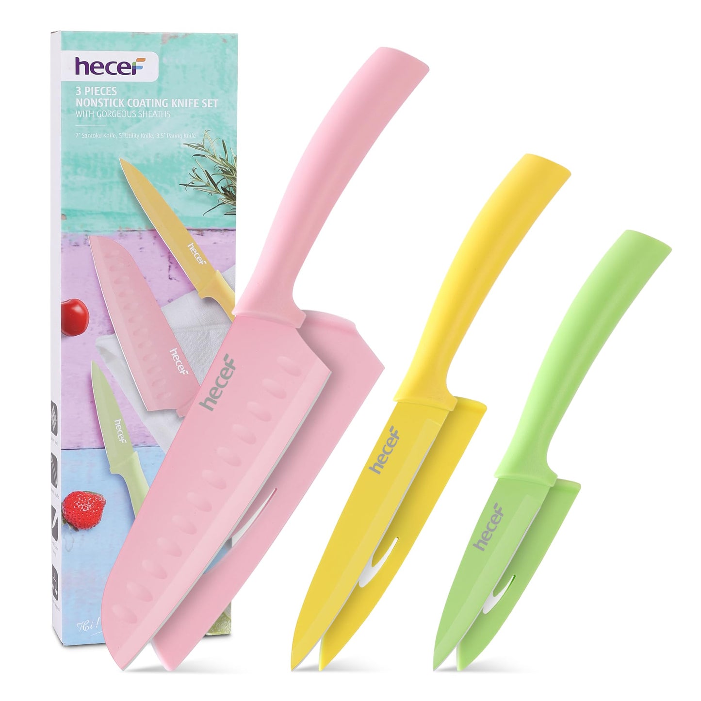 hecef 3-Piece Kitchen Knife Set ? Colour-Coded Stainless Steel Knives with Non-Stick Coating and Protective Covers for Paring, Utility & Santoku