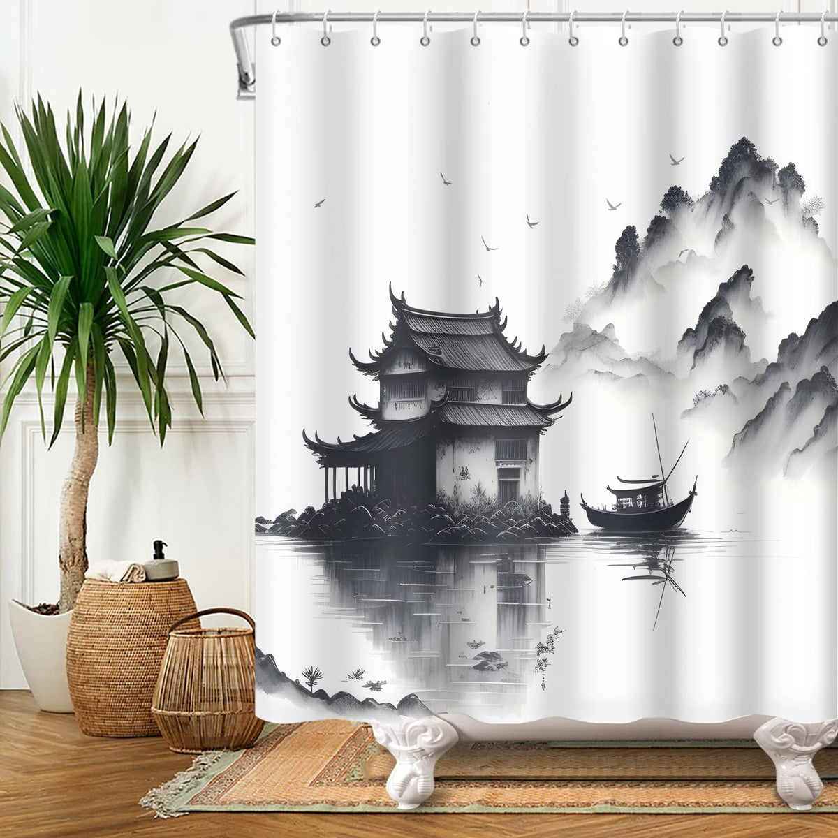 SDOTPMT 105x160cm Lake Mountain Shower Curtain Smokey Mountain Boat Wild Nature Bathtub Countryside Scenery Photo Artwork Bath Curtain for Bathroom