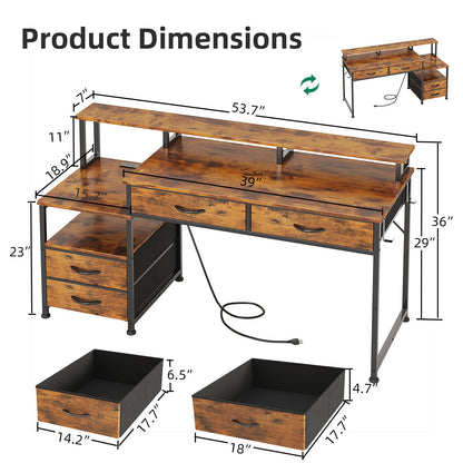 MUTUN 135cm Computer desk with Power Outlet and Drawers, Rustic Brown