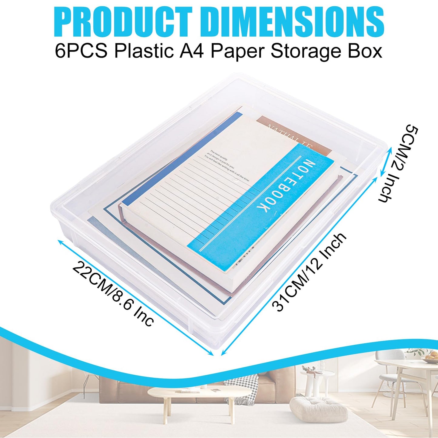 WOPPLXY 6 PCS Plastic A4 Storage Boxes with Lids, Clear A4 File Portable Project Case Organiser, Stackable File Paper Box for Document, Stationery