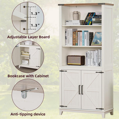 LELELINKY 70in Tall Bookshelf 5 Tier Bookcase with Barn Doors and Adjustable Shelves, White Farmhouse Book Shelf with Storage Cabinet