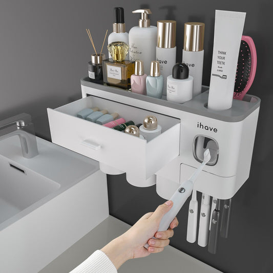 iHave Toothbrush Holder Bathroom Organiser, 3 Cups Toothbrush Holder Wall Mounted with Toothpaste Dispenser, Large Capacity Tray, Cosmetic Drawer
