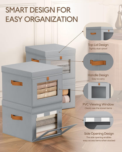 Stackable Storage Boxes with Lids & Dual-access Design for Wardrobe Grey