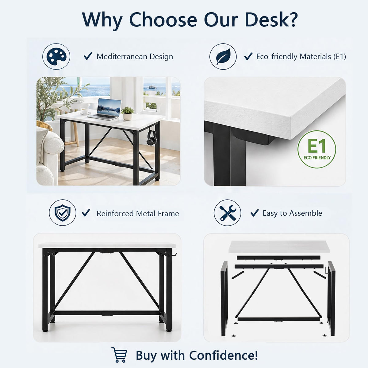 JUMMICO 100×50cm Computer Desk, Compact Home Office Writing Desk, Small Study Laptop Workstation for Limited Space, Quick Assembly, Metal Frame, White