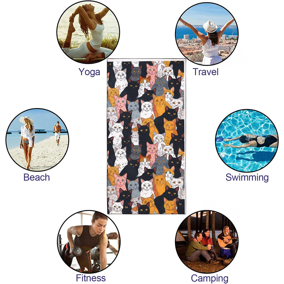 YISUMEI Cats Collection Beach Towels for Adults Extra Large 180 x 90 cm, Microfibre Quick Dry Towel for Travel Swimming Camping Sports