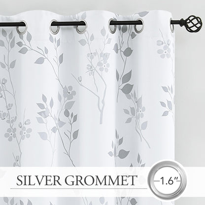 Beauoop Grey Floral Blackout Curtains for Bedroom Living Room 72 Inch Drop Leaf Print Eyelet Curtain Botanical Thermal Insulated Noise Reducing Drapes