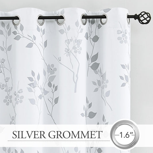 Beauoop Grey Floral Blackout Curtains for Bedroom Living Room 72 Inch Drop Leaf Print Eyelet Curtain Botanical Thermal Insulated Noise Reducing Drapes