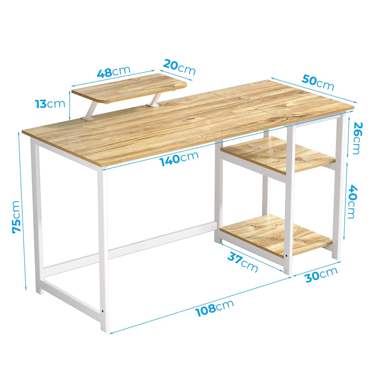 GreenForest Office Desk 140cm with Monitor Stand, Oak
