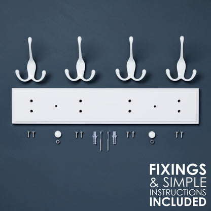 LARHN White Wall-Mounted Coat Rack - 4 White Coat Hooks, 42cm