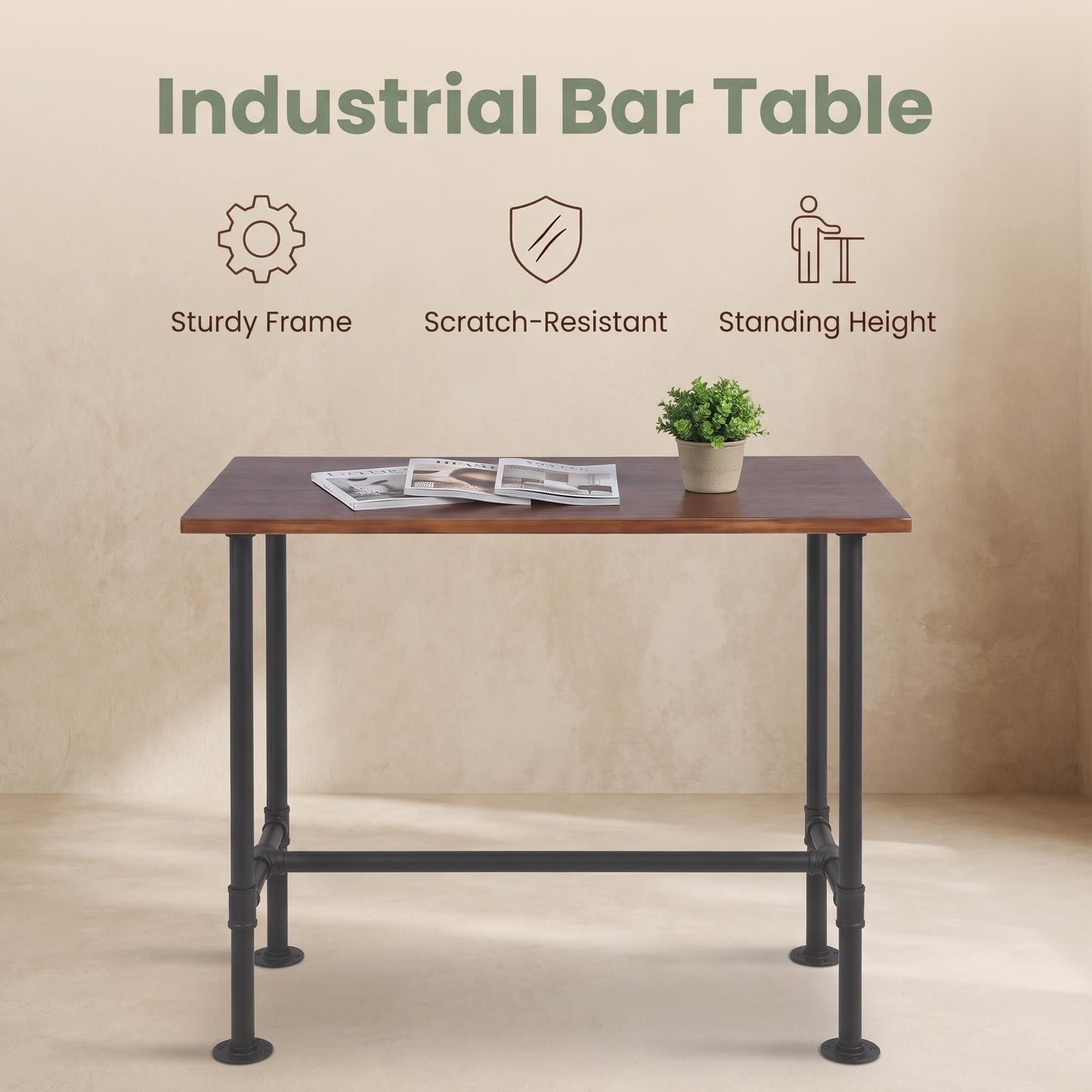 BOKKOLIK Industrial 41.3inch Height Bar Table Vintage Pipe Design Bistro Table Rustic Kitchen Dining Breakfast Desk Farmhouse Office Computer Desk