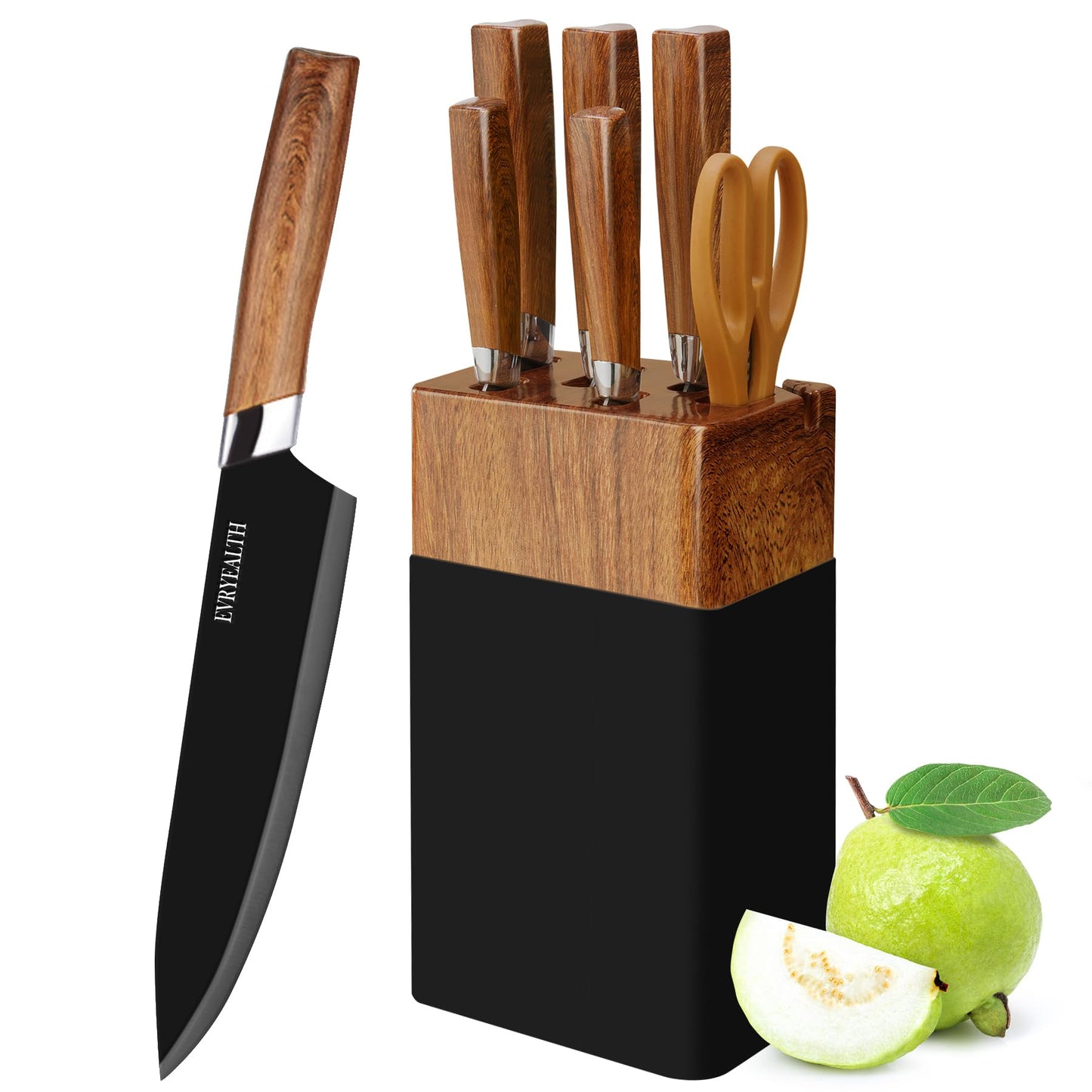 lapelux Knife Set-6 Piece Kitchen Knife Set with Block, Wood Grain Handle, Stainless Steel Knivese with Chef, Bread, Slicing, Paring Knife for Cutting