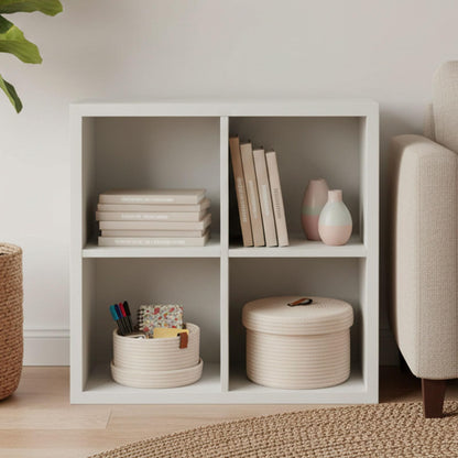 Set of 2 Storage Basket with Lid, Round Cotton Rope Decorative Basket with Leather Handles, Multifunctional Woven Baskets for Shelves, Bedroom