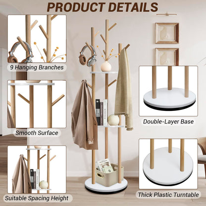 SUNDOY 165CM Rotating Wooden Coat Rack Freestanding with 3 Shelves & 9 Hooks, Hall Tree Stand for Entryway, Bedroom, Hallway & Living Room