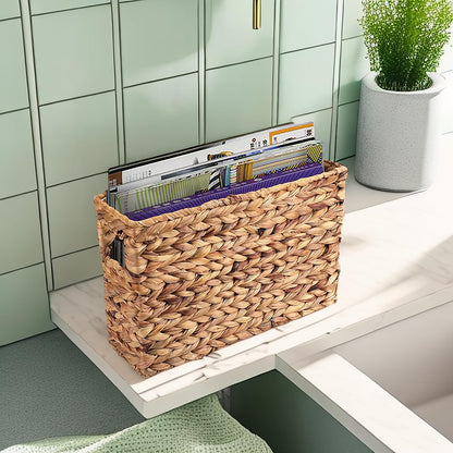 Yesland Hand-Woven Natural Narrow Water Hyacinth Holder Wicker Basket, 15.5 x 5.5 x 9.75 Inch/39 x 14 x 24.7cm Decorative Magazine Storage Bin for