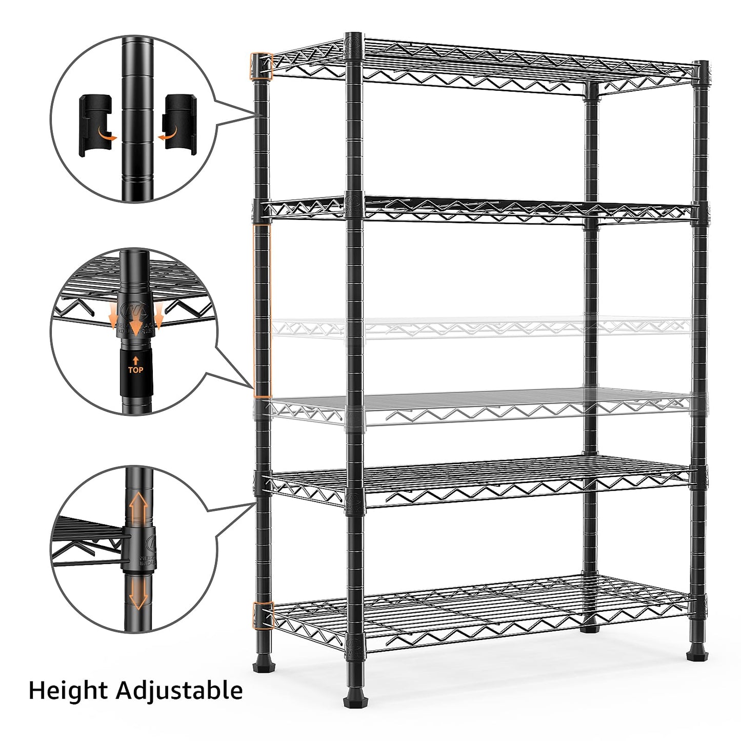 M MZG Height Adjustable Shelves,Heavy Duty Wire Pantry Shelving for Tool Sheds, Garage, and Storehouse,Metal,Black 4tier,35 x 60 x 135.8 cm