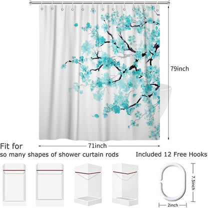 Hnmdmyi Cherry Blossom Shower Curtain 180x200, Turquoise Floral Sakura Blooming Plum Japanese Asian Anime Art Style Bathroom Curtains Waterproof