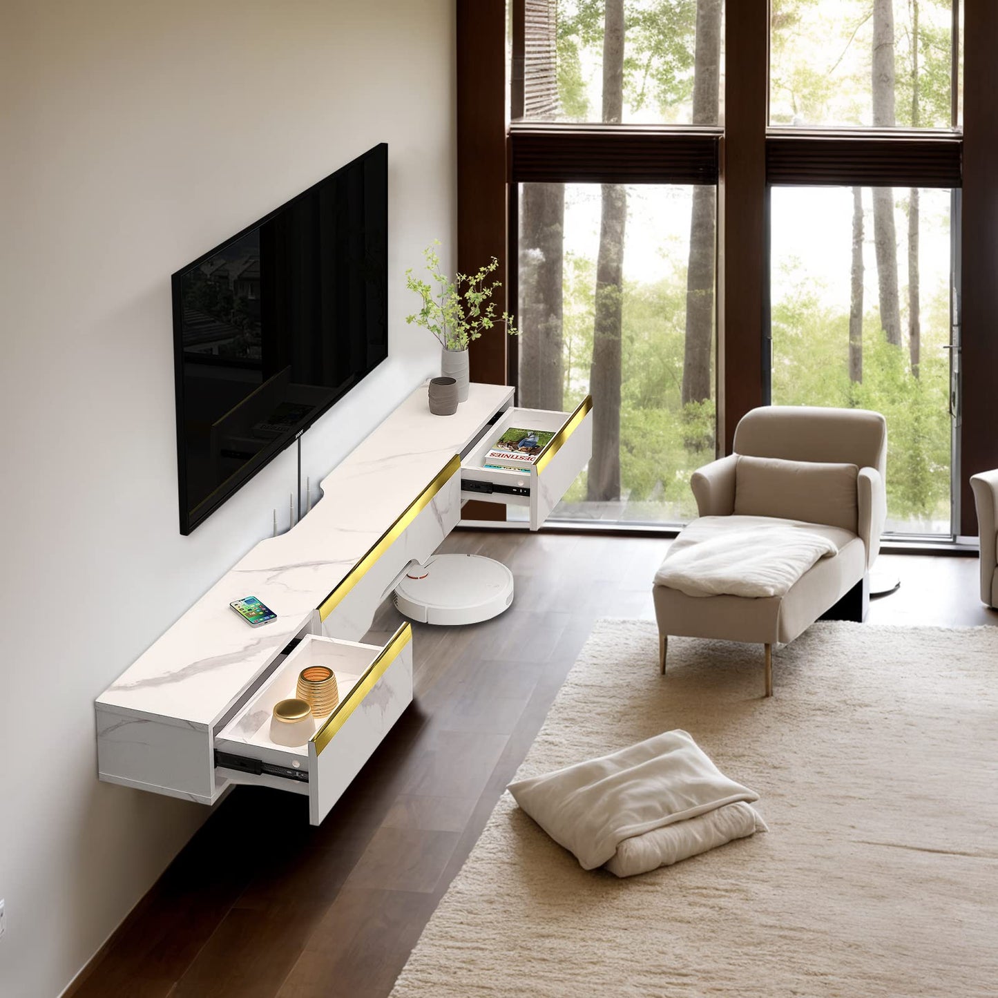 Pmnianhua Floating TV Unit, 59'' Wall Mounted TV Cabinet, Floating Shelves with 2 Drawers and 1 Door