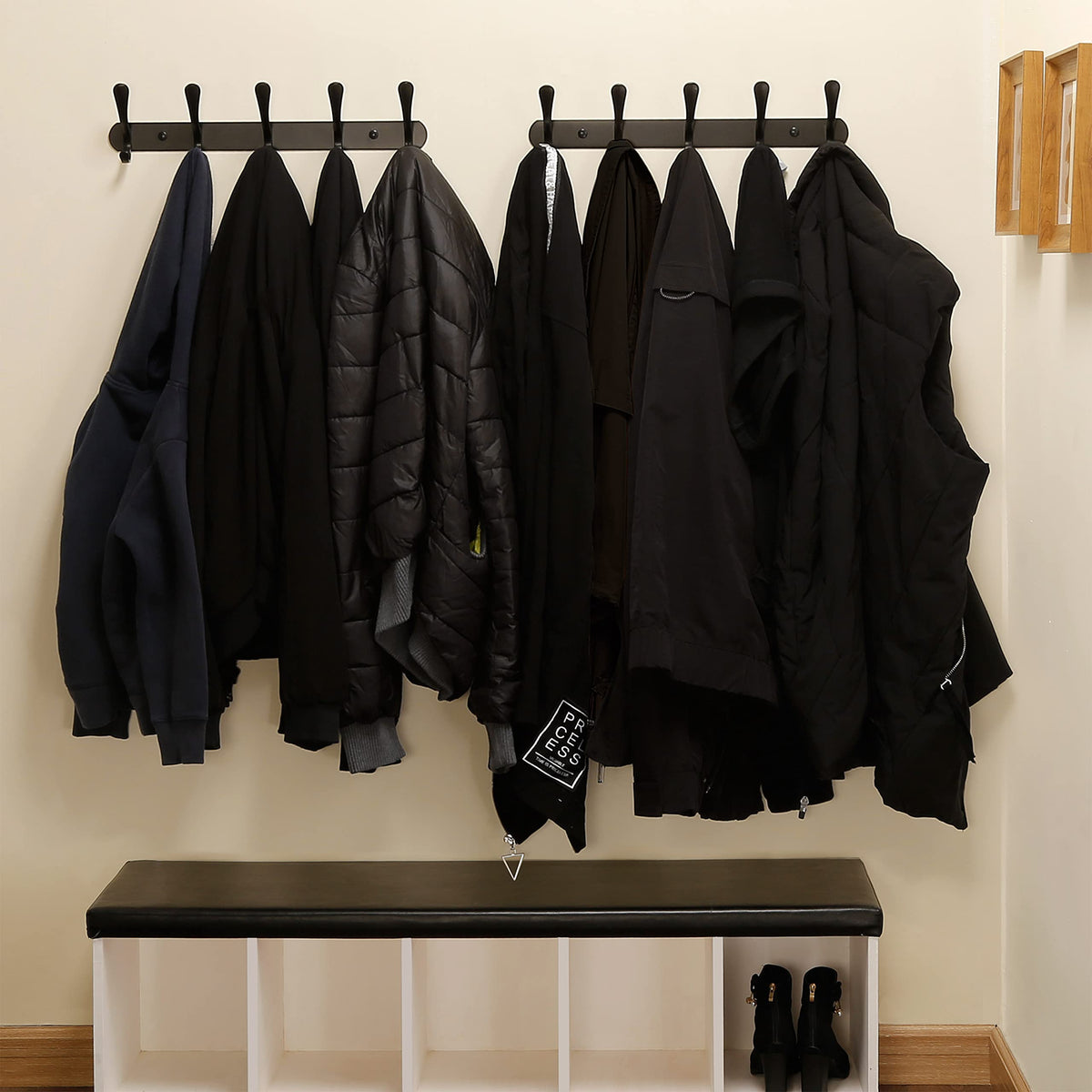 SKOLOO Modern Metal Coat Rack Wall Mount with 5 Hooks, Pack of 2, Sturdy Wall Coat Hooks for Hanging Coats, Jacket, Clothes, Hat, Matte Black