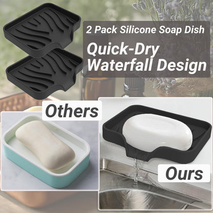Penbin 2 Pack Silicone Soap Dish with Drain, Bar Soap Holder for Shower & Bathroom, Self Draining Waterfall Soap Tray for Kitchen Sink