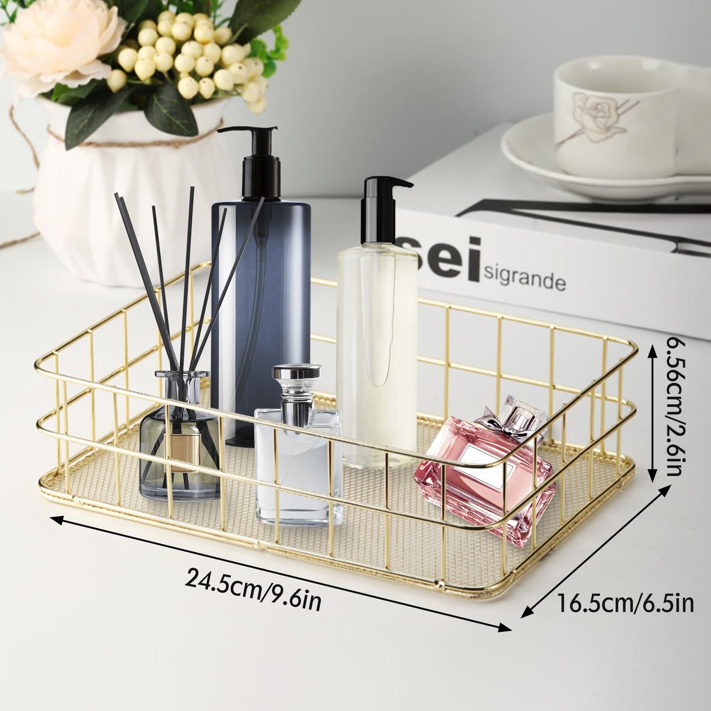 Hapivida 2 Pcs Wire Storage Basket, 24.5x16.5x6.5cm Golden Desktop Metal Storage Basket Iron Grid Storage Tray Net Organizer Bins for Kitchen, Pantry