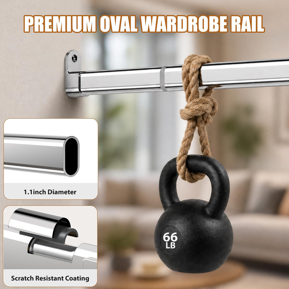 Poskena 25mm Oval Silver Hanging Rail,Premium Wardrobe Pole 43-191cm