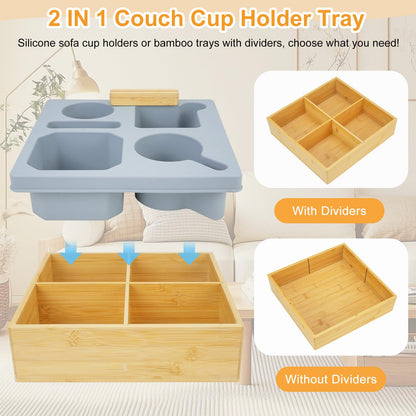 CXRYLZ-FUR 2-in-1 Couch Cup Holder Tray, Bamboo Sofa Arm Tray, Silicone Caddy Remote Control Snacks Cup Holder for Sofa Armrest Bedroom Picnic Beach