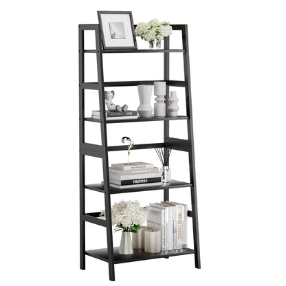HITNET Ladder Shelf Black, 4-Tier Bookshelf, Freestanding Bathroom Storage Rack with Bamboo Frame, Plant Display Stand for Living Room, Kitchen